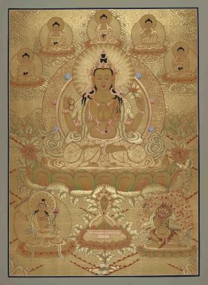 Full Gold Chengrezig Thangka Featuring Five Buddha, Manjushri, and Vajrapani | Zen Buddhism